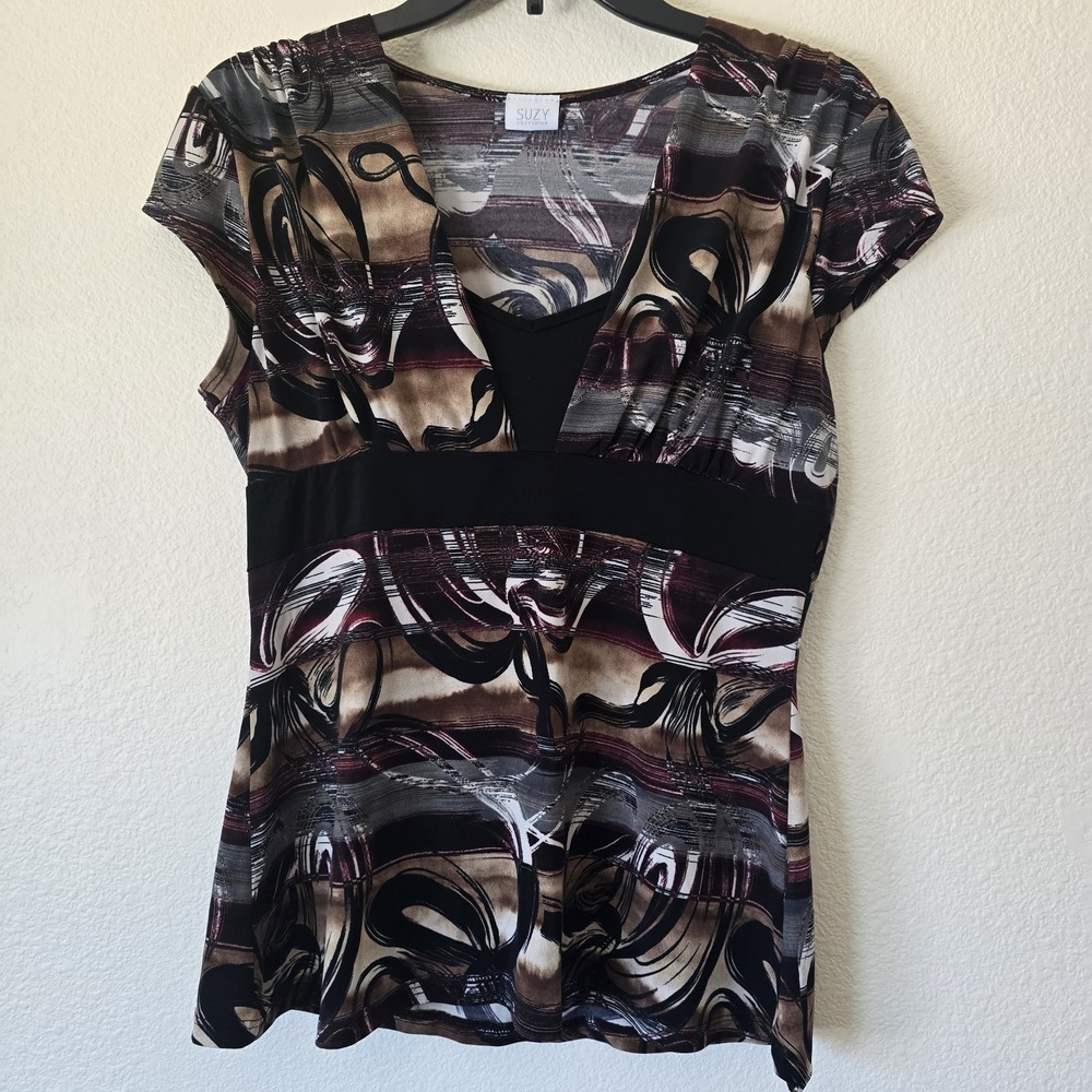 VTG Y2k 90s Women's Medium Babydoll Top V-Neck Brown Layered Stretchy Fairy Boho